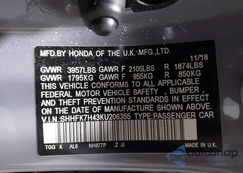 2019 Honda Civic Sport z USA, uszkodzony, nr VIN SHHFK7H43KU206355